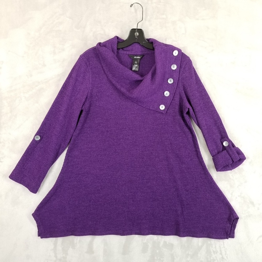 Ali Miles Sweater Women L Purple Cowl Neck Roll Tab Sleeve Tunic Lagenlook Artsy